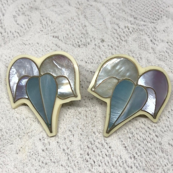 Vintage artisan shell inlay statement earrings modernist abstract art to wear. - Picture 1 of 4